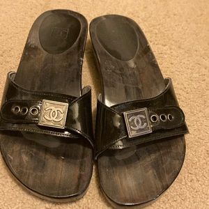 CHANEL Dr. Scholls style sandals. Patent leather with wood bottom.